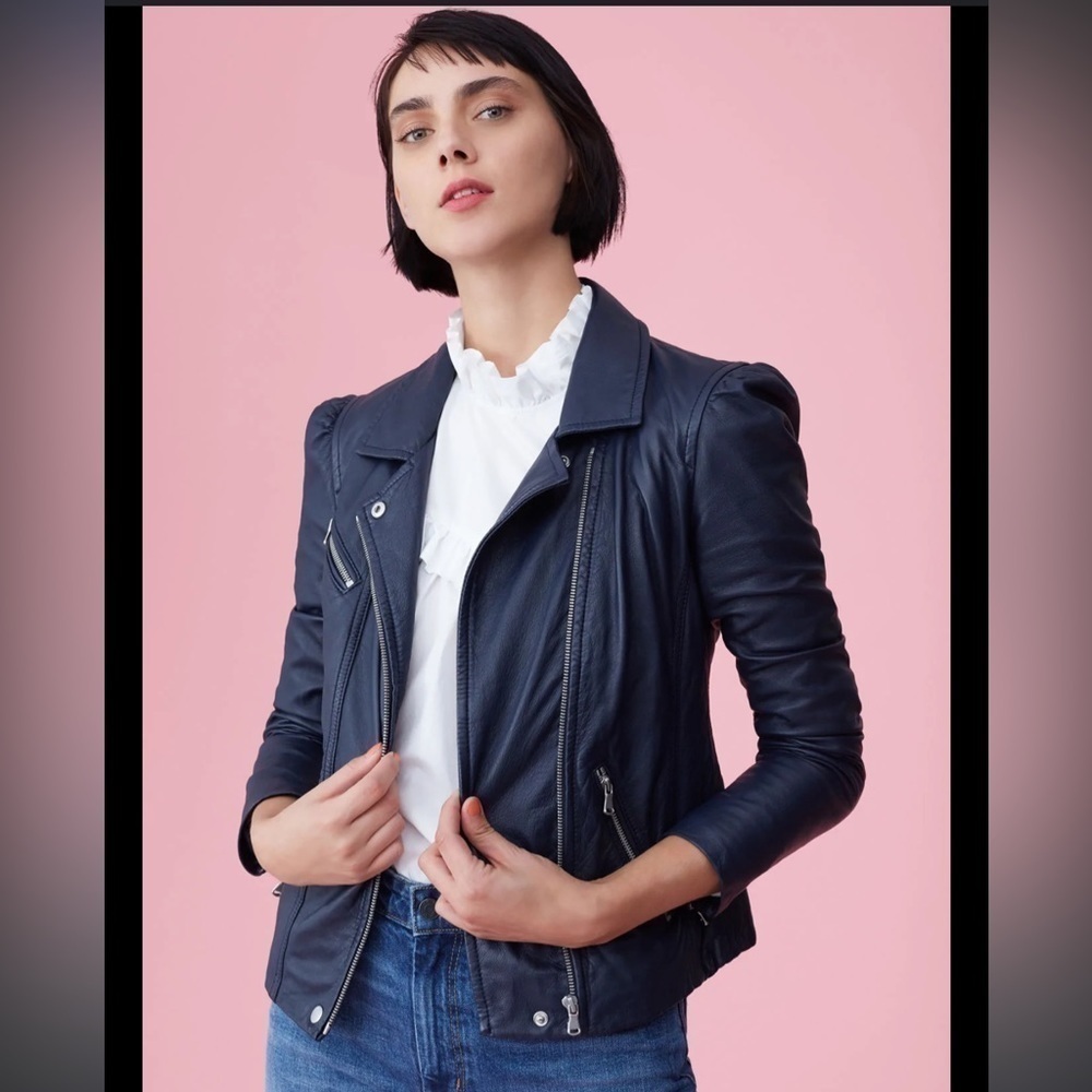 NWT Rebecca Taylor Leather Biker Jacket NAVY - Picture 3 of 11